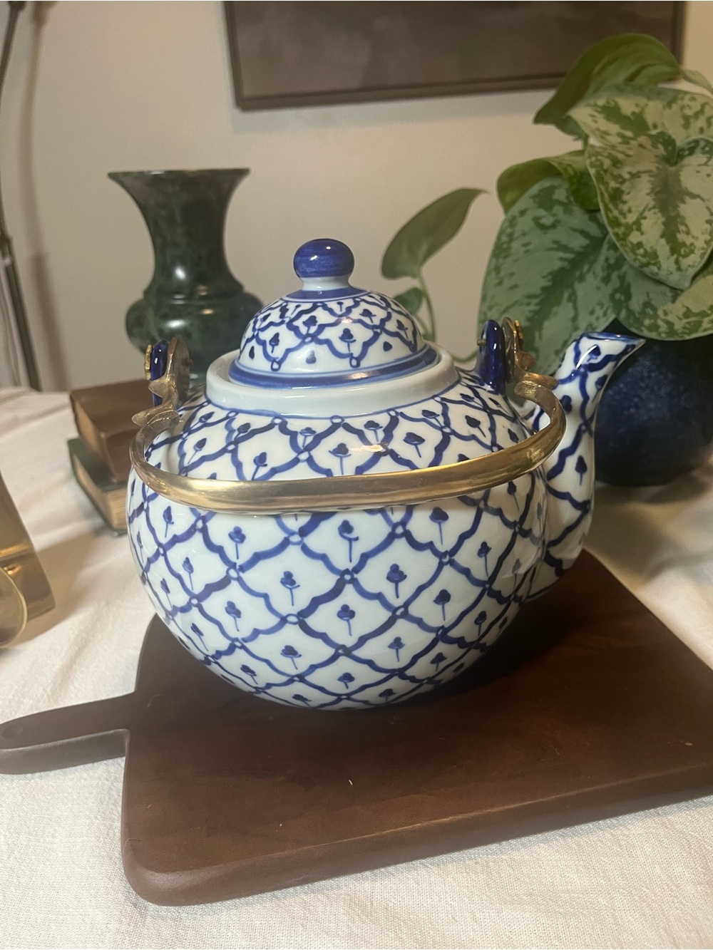 Vintage Andrea By Sadek Blue and Gold Lattice Porcelain Teapot